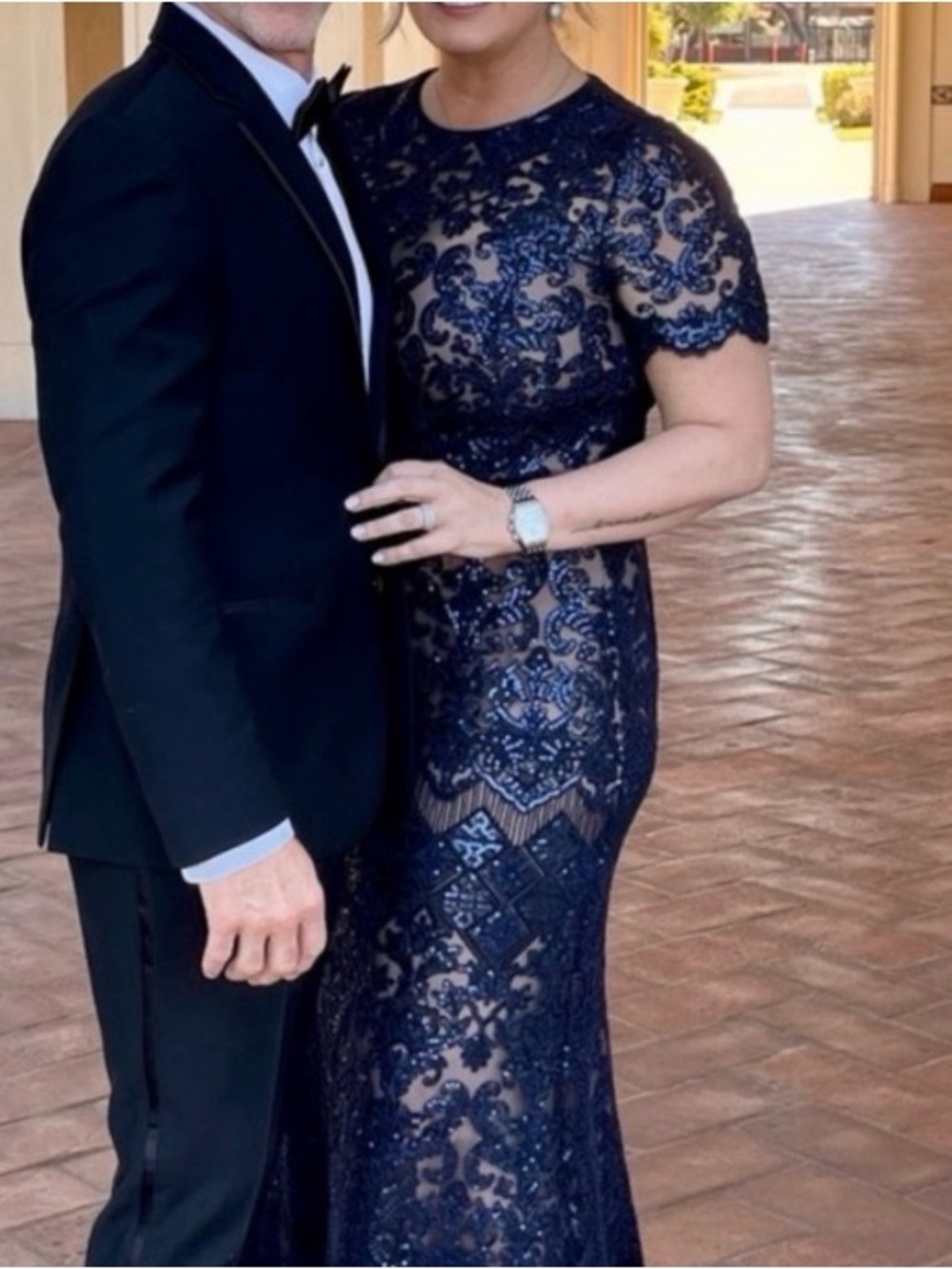 Tadashi Shoji Billie Dress Midnight Navy Blue Lace & Sequins -Size 14 EUC - Picture 5 of 9